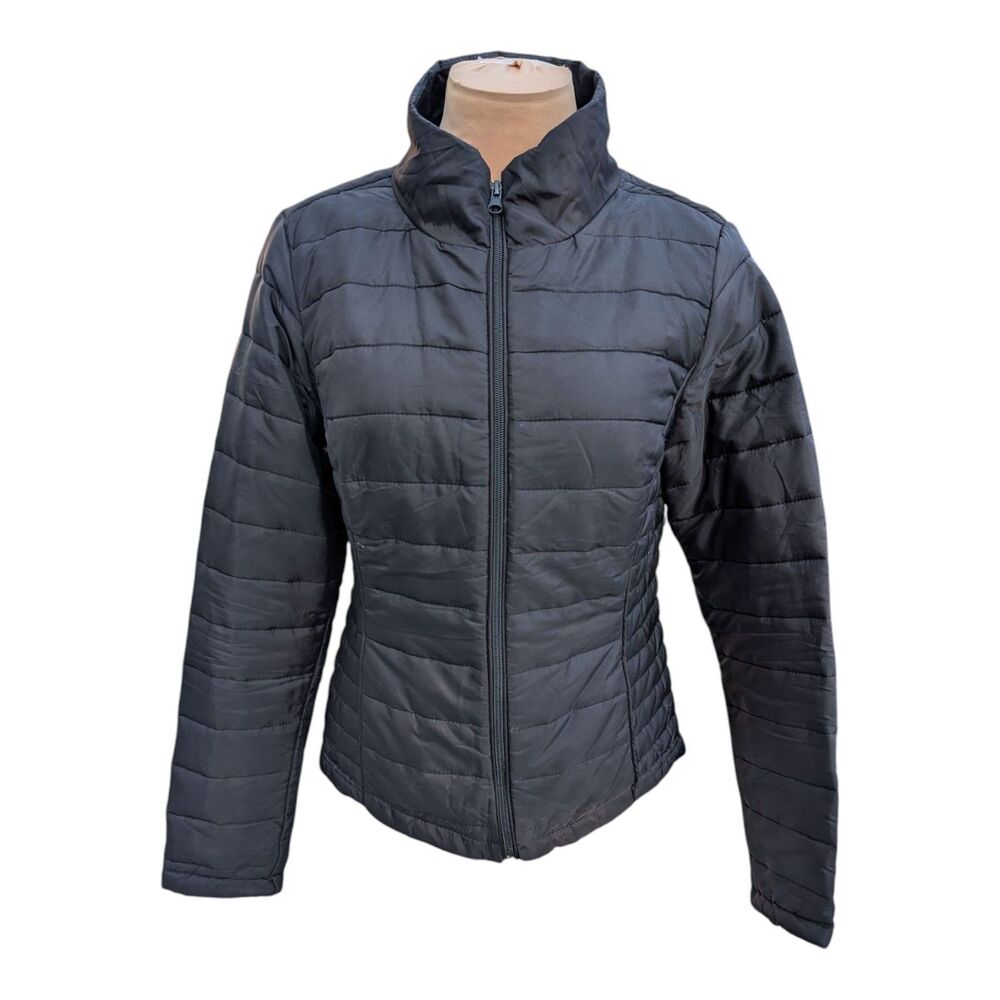 Miss London Black Label Woman's Black Quilted Zip-Up Puffer Jacket Size M Casual